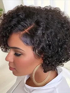 Curly Wave 13x1 T Part Transparent Lace Wig Deep Wave Wig Pixie Cut Human Hair Wig Curly Bob Wigs for Women Halloween Wig 150% Density 6 Inch