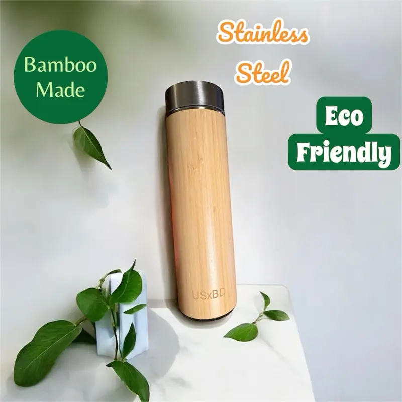 Bamboo Stainless Steel Water Bottle 450ml 16oz Vacuum Flask with LED Temperature Display Double Wall Insulated Eco-Friendly Leak-Proof BPA-Free Travel Thermos for Tea Coffee Water