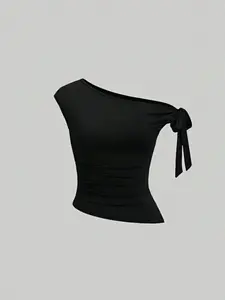 Women's Summer Casual Asymmetrical Knitted Top, Single Shoulder Twist Knot Design, Pure Color Plain Style, New Fashion