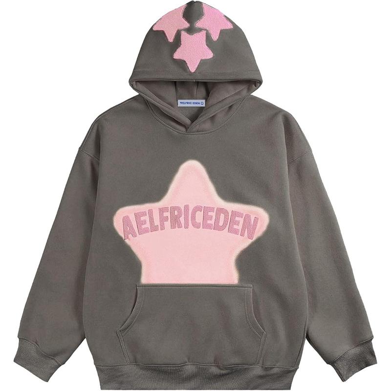 Aelfric Eden Womens Graphic Hoodies Pink Star Print Hoodie Unisex Oversized Hoodies Long Sleeve Pocket Pullover Womenswear Sweatshirts Tops