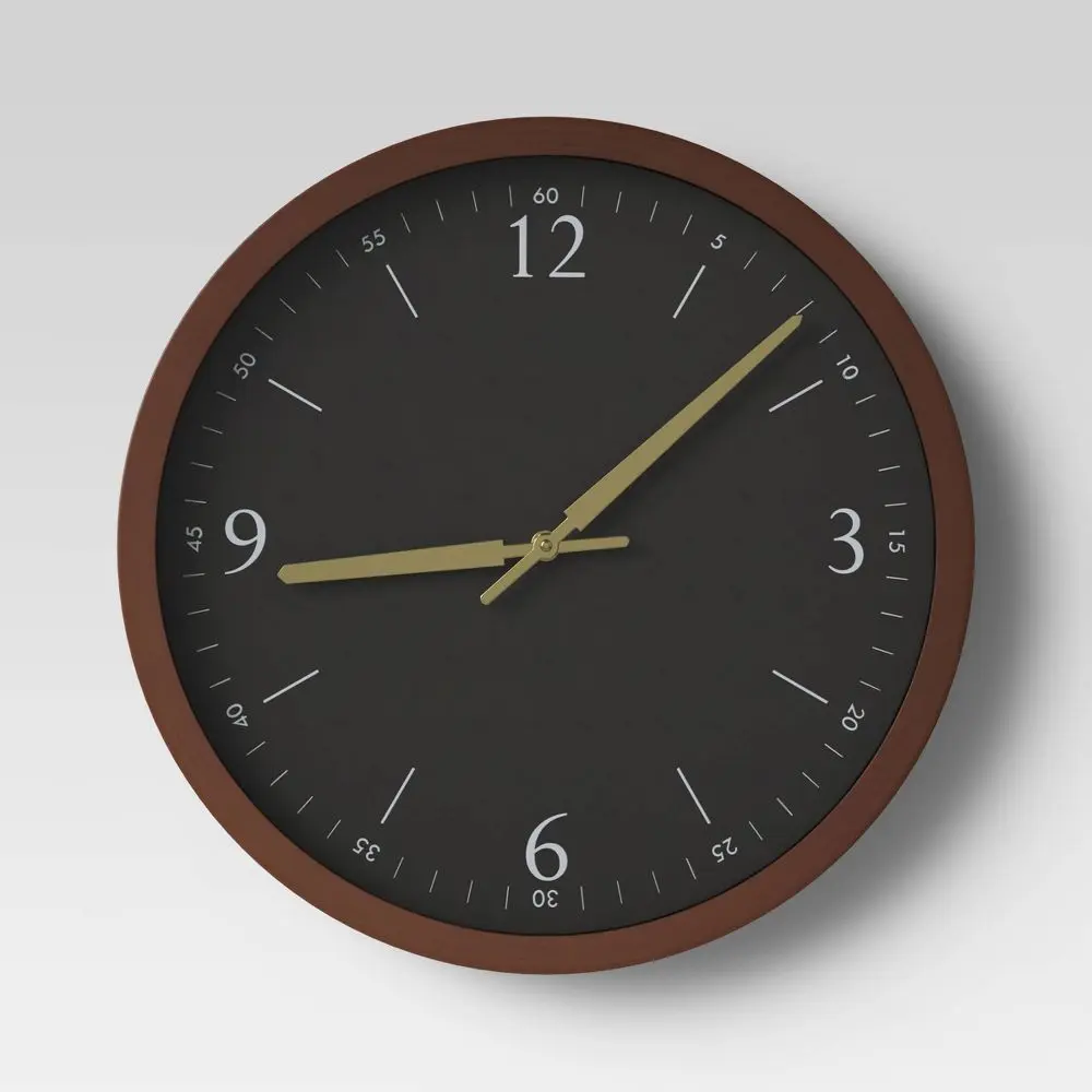20" Walnut Woodgrain Wall Clock Black - Threshold: Modern Analog Display Indoor Decorative Timepiece