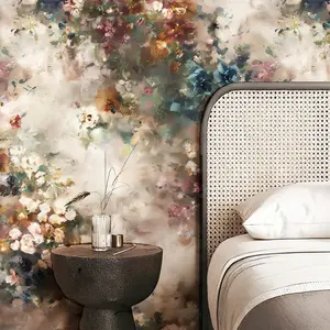 Vintage Floral Wallpaper Roll, Hand-Painted Oil Painting Removable Wall Paper, Bohemian Peel and Stick Contact Paper, Living Room Kitchen Bedroom Furniture Renovation