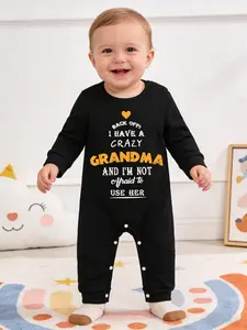 Unisex Baby Clothes Cute Letter Print Round Neck Design Long Sleeve Romper, Fitted Below the Knee for Babies 1-18 Months