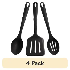 (4 pack) Mainstays 3-Piece Kitchen Utensil Set, Slotted Spatula, Slotted Spoon and Solid Spoon, Black, Nylon