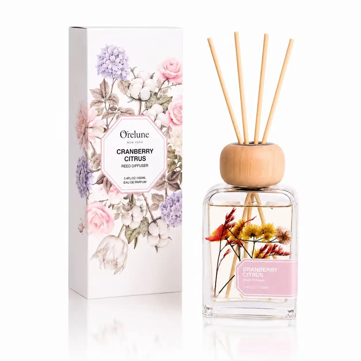 Orelune Cranberry Citrus Elegant Aroma Freshener Diffuser Gift Set - Retail Packaged Scented Oil Diffusers, 3.4 fl oz Reusable Liquid Oil, Decorative Glass Bottle with Sticks, Evening Scent Home Accessory for Gift Givers