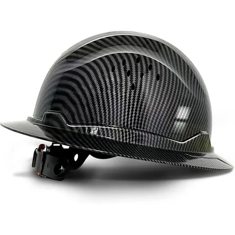 Carbon Fiber Full Brim Safety Hard Hat Vented, 6-Point Suspension Industrial Hard Hat with Chin Strap, Construction Work Hard Hat for Men & Women, 6-Point Susp.
