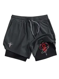 Men's Dual Layer Heart Chain Print Multi-Pocket Shorts, Summer Quick-Dry Breathable Sporty Gym Running Shorts, Summer Style Shorts, Lightweight Breathable Shorts, Breathable Sports Shorts