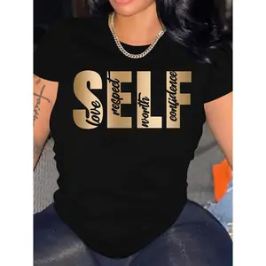[100% Cotton] Casual Short Sleeve Letter Print Crew Neck T-Shirt for Spring & Summer, Women's Clothing  Golf Gift T-Shirt For Men and Women