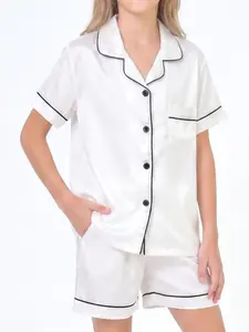 Kids Girls White Satin Pajama Set, Short Sleeve Shorts 2 Piece PJs, Soft Summer Sleepwear, Cute Clothes Set, Teen Girl Clothes 5-14Y
