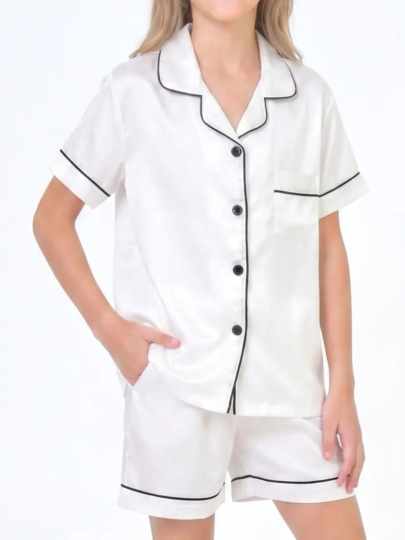 Girls Pajamas Set Kids Summer Pajamas for Girls | White Satin Silk Short Sleeve Shorts Pjs | Comfy Button Down Girl Pajamas Set | Kids Pjs Luxury Sleepwear Loungewear Cozy Nightwear Clothes | Cute Smooth Short Pajama Sets