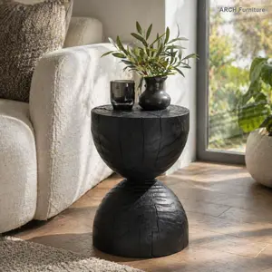Solid Mango Wood Round Side End Table - Black, 12.2*18.11in Contemporary Compact Accent Table, Pre-Assembled Cracked Look Burnt Vintage Plant Stand, Living Room & Bedroom Apartment Furniture, Living Room Decor, Modern Black Nightstand, Black Furniture Bed