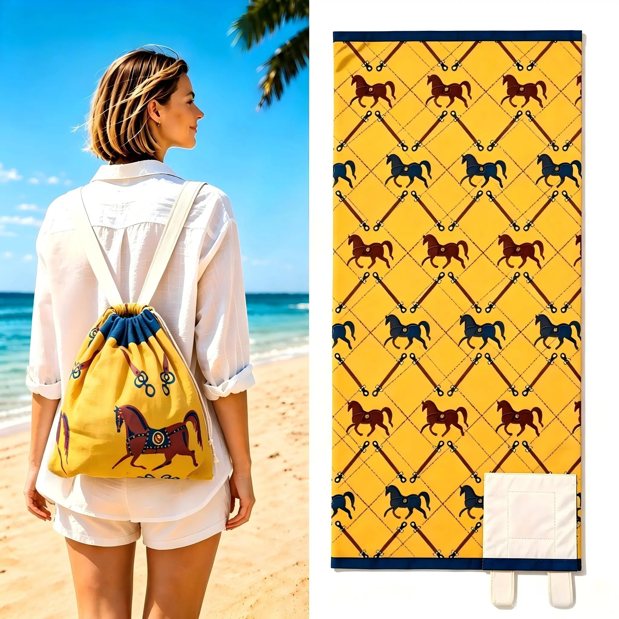2-in-1 Sandproof Beach Towel Backpack, Sand resistant fabric,100% Organic Cotton Jacquard Beach Towel Bag, Portable Foldable Beach Essential Gift for Family & Friends