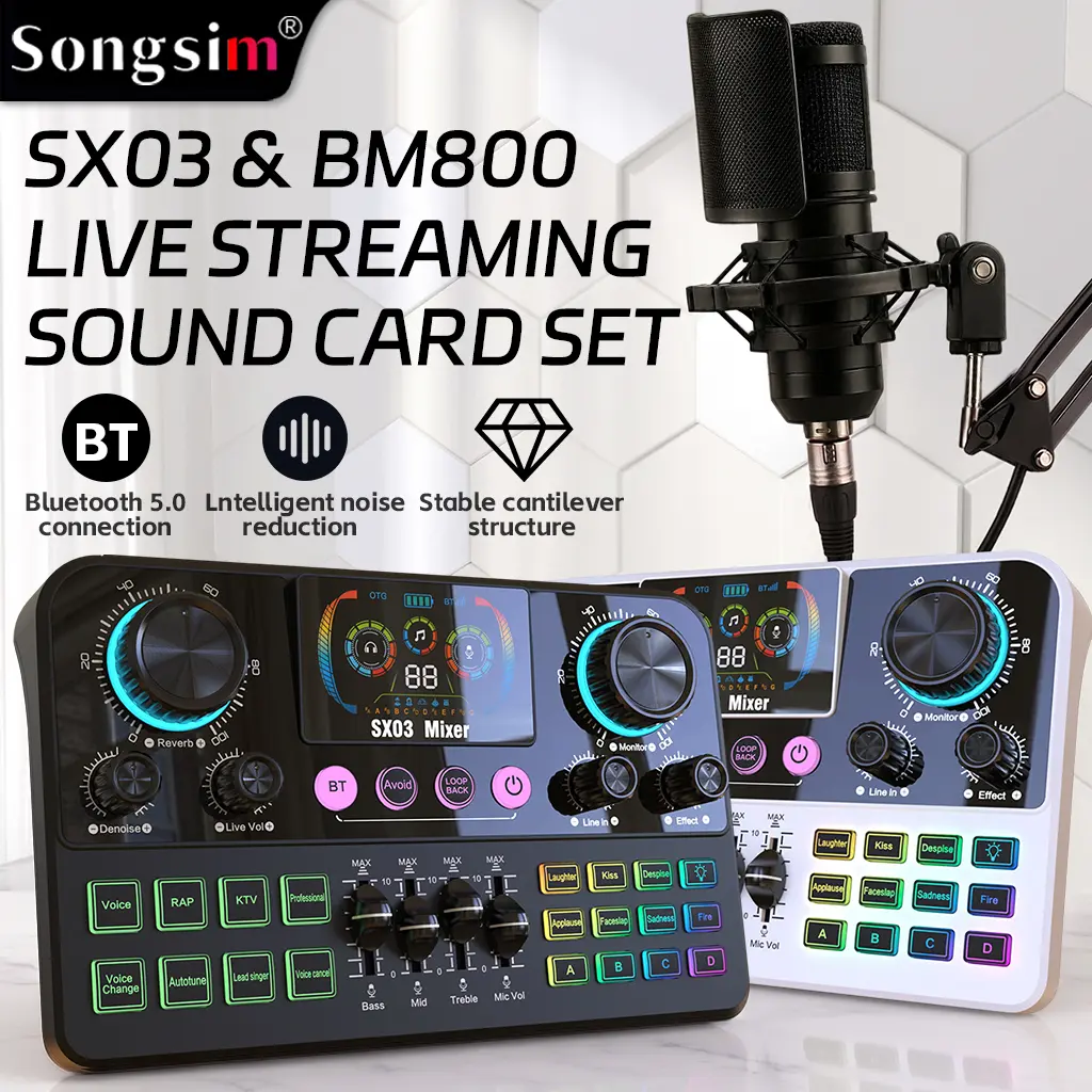 SX03 & BM800 & 35 Boom Arm Set – A professional live streaming sound card bundle featuring a condenser microphone and boom arm. Suitable for podcasting, singing, karaoke, DJing, gaming, YouTube, TikTok, and use with mobile phones and PCs.