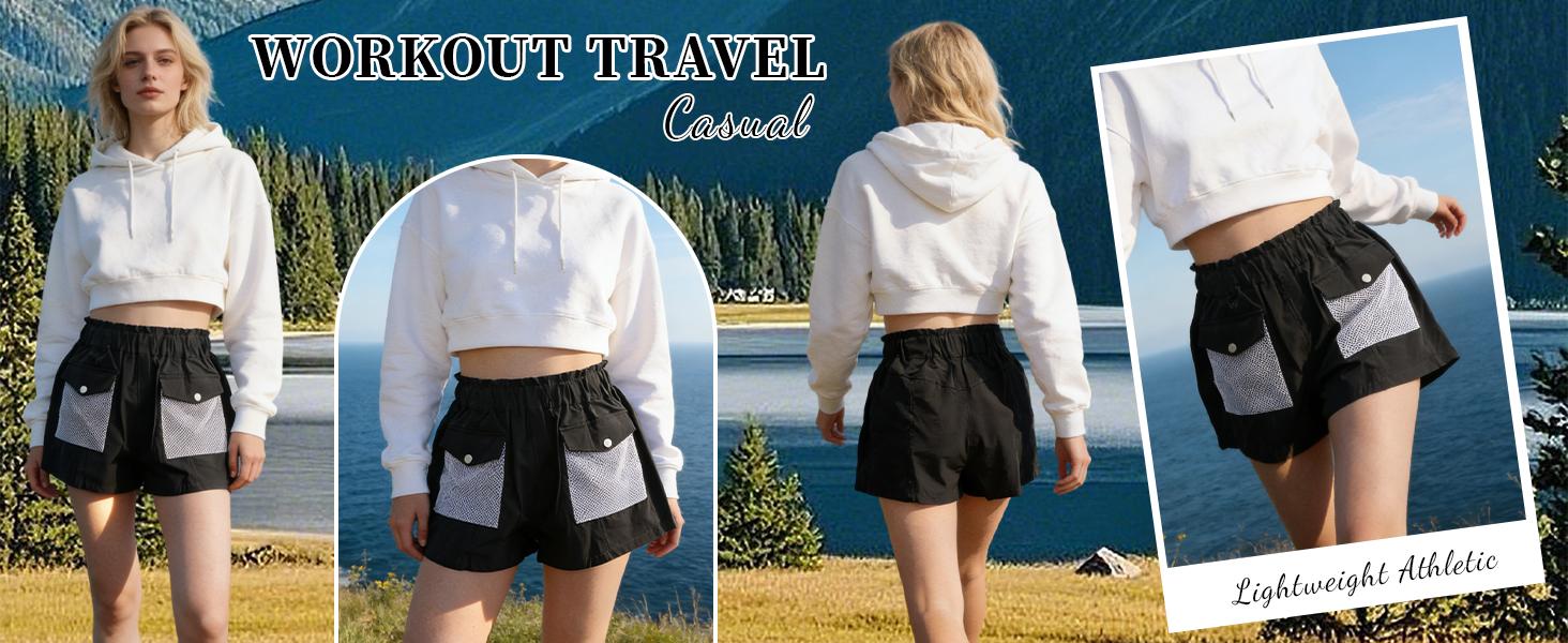 WoodBerry Women's High Waisted Cargo Shorts Elastic Loose A-line Shorts with Breathable Mesh Pockets Casual Wide Leg Shorts for Camping & Streetwear WoodBerry Women's High Waisted Cargo Shorts Elastic Loose A-line Shorts with Breathable Mesh Pockets Casual Wide Leg Shorts for Camping & Streetwear