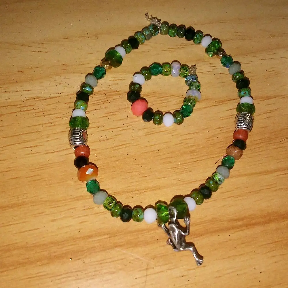 Handmade Beaded Bracelet with Frog Emblem, Green Beads, and Matching Ring