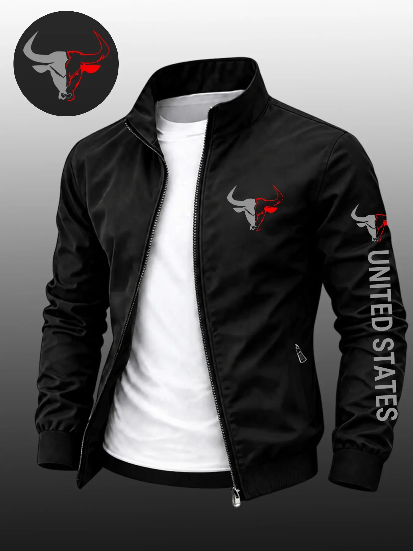 Men's Trendy Bull Flag Print Stand Collar Sport Jacket, Collared Coat, Streetwear Outerwear, Street Fashion Outerwear, Casual Comfy Jacket, Durable Casual Zipper Coat, Business Style Outdoor Wear, Slim Fit, Perfect Gift