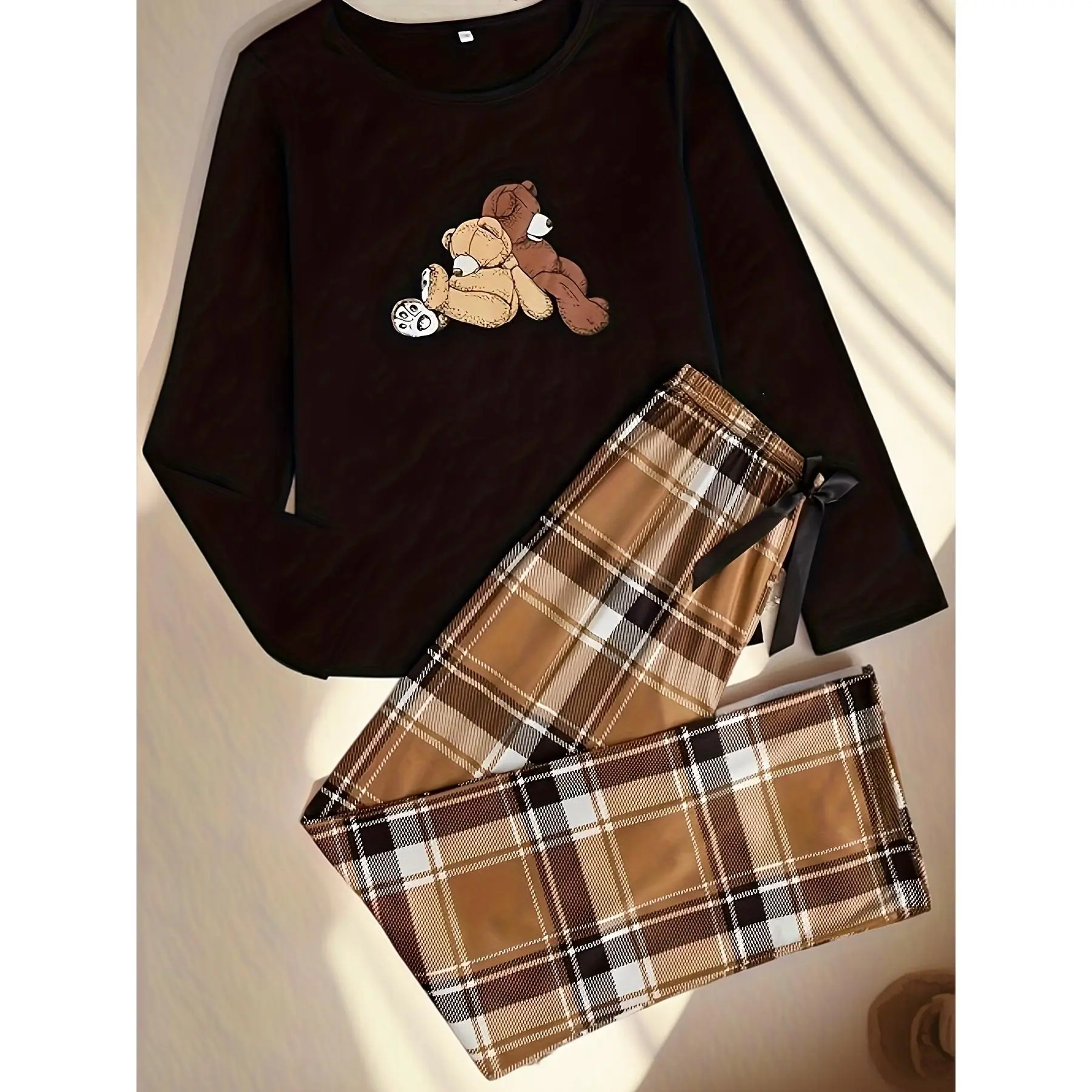 Girls' All Seasons 2-Piece Polyester & Elastane Casual Pajama Set, Mixed Colors Animal Print Sitting Bear Design, Long Sleeve, Crew Neck, Machine Washable, Dry Clean Compatible, S, Adult, Polyester Blend, Micro Elastic, All Over Print