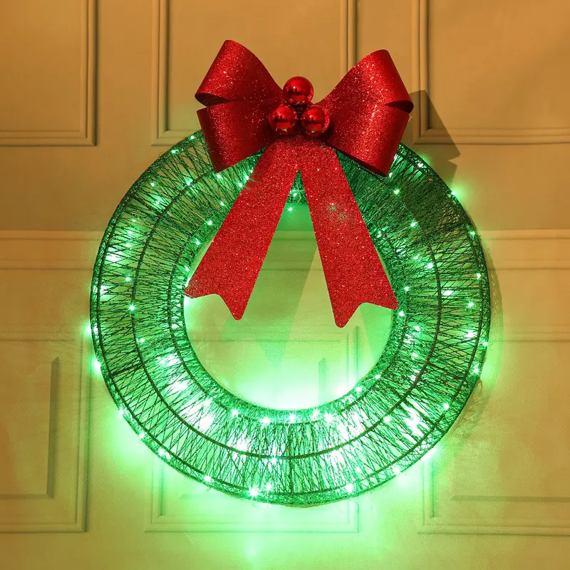 30-50cm Pre-Lit Outdoor Christmas Wreath Decoration with 400 Warm White LED Lights Timer Remote Control Green Red Bow for Home Exterior Garden