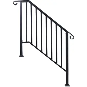 Wrought Iron Outdoor Step Handrails, 3-4 Step Fit, Picket#3 Flexible Powder-Coated Steel Pipe Railing, Black Transitional Design for Concrete or Wooden Stairs
