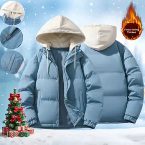 Christmas New Men's Cotton Jacket Winter Warm Fleece Lined Windproof Casual Fashion Loose Versatile Zip up Hooded Coat with Pockets & Detachable Hat for Daily Outdoor Activities coats seamless parka big uniqlo
