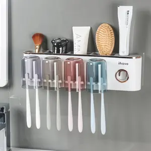 Wall-Mounted Toothbrush Holder with Toothpaste Squeezer - Space-Saving Bathroom Organizer for Multiple Brushes, Transparent Cylindrical Design, White & Pink Options, Toothbrush Holder for Bathroom