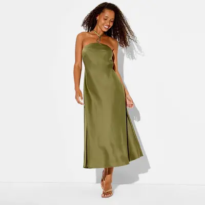 raise a toast satin plisse halter maxi dress Raise A Toast Satin Plisse Halter Maxi Dress - Emerald