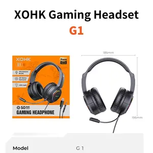 Wired gaming headset, 50mm drivers, stereo surround sound, noise-canceling microphone, dynamic RGB backlighting, over-ear headphones, black. XOHK
