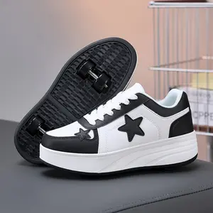 Star Patch Hidden 4-Wheel Convertible Roller Skate Shoes, Kids Low Top Platform Wheeled Casual Sneakers