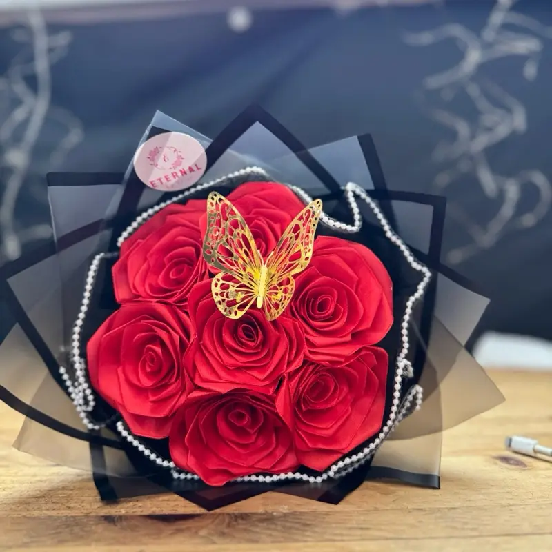 Eternal Ribbon 7 Count Red Roses with Black Wrapping & Gold Butterfly ...
