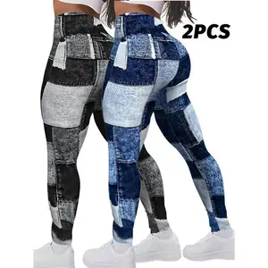 2024 Trendy Women'S Plaid Print Yoga Pants - 2pcs Set, High-Waist, Breathable & Comfortable Fitness and Sports Attire, Tummy Control, Butt Lifting, All-Season Wear Elegant Gym Outfits