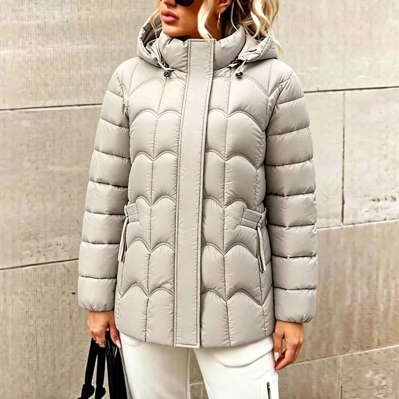 100% Polyester Women's Gray Quilted Hooded Jacket with Pockets and Zipper Closure for Cold Weather