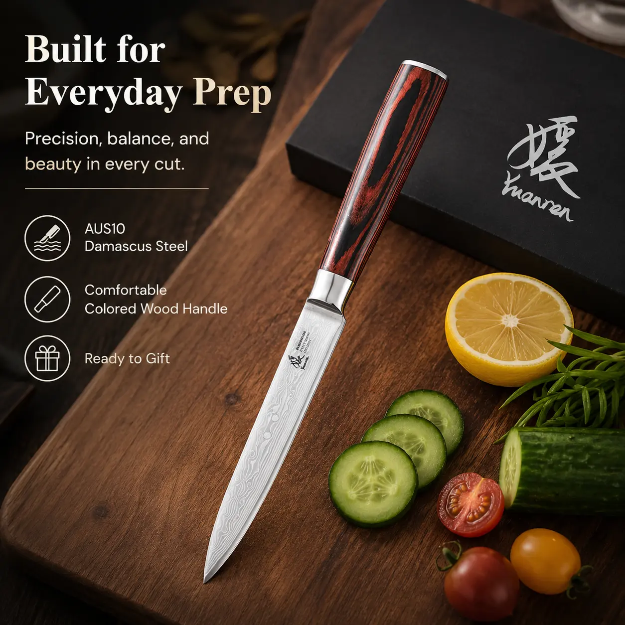 YUANREN 5-Inch AUS10 Damascus Steel Paring Knife, Colored Wood Handle, Black Box Packaging, Stainless Steel Kitchen Knife for Fruit & Vegetable Prep, Ideal for Gifting, Knives