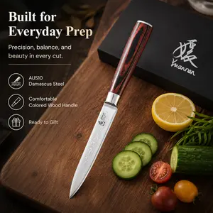 YUANREN 5-Inch Damascus Paring Knife, AUS10 Stainless Steel, Colored Wood Handle, Small Kitchen Prep Knife for Fruits & Vegetables Kitchenware Cutting