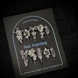 AURÉA Dark Plum Cat Eye Gothic Lolita Press On Nails| Handmade Silver Rhinestone Butterfly & Pearl Nail Art| Vintage Coquette Luxury Nails