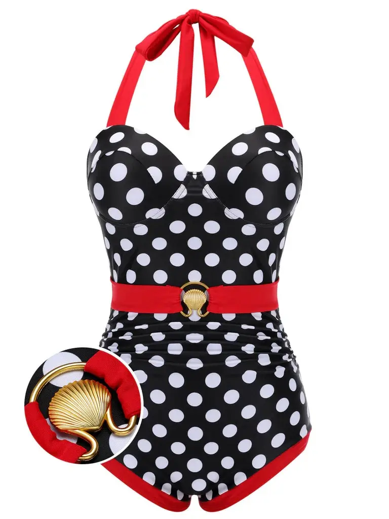 RETRO STAGE Women's 1950s Retro Halter Neck 1-Piece Swimsuit - Padded Push-Up Support, Gold Shell Detail, Soft Stretchy Fabric, 4th of July Outfit, Casual Halter Top Swimwear, Beach Bathing Suit, One Piece Swimsuits tiktokshopbacktoschool