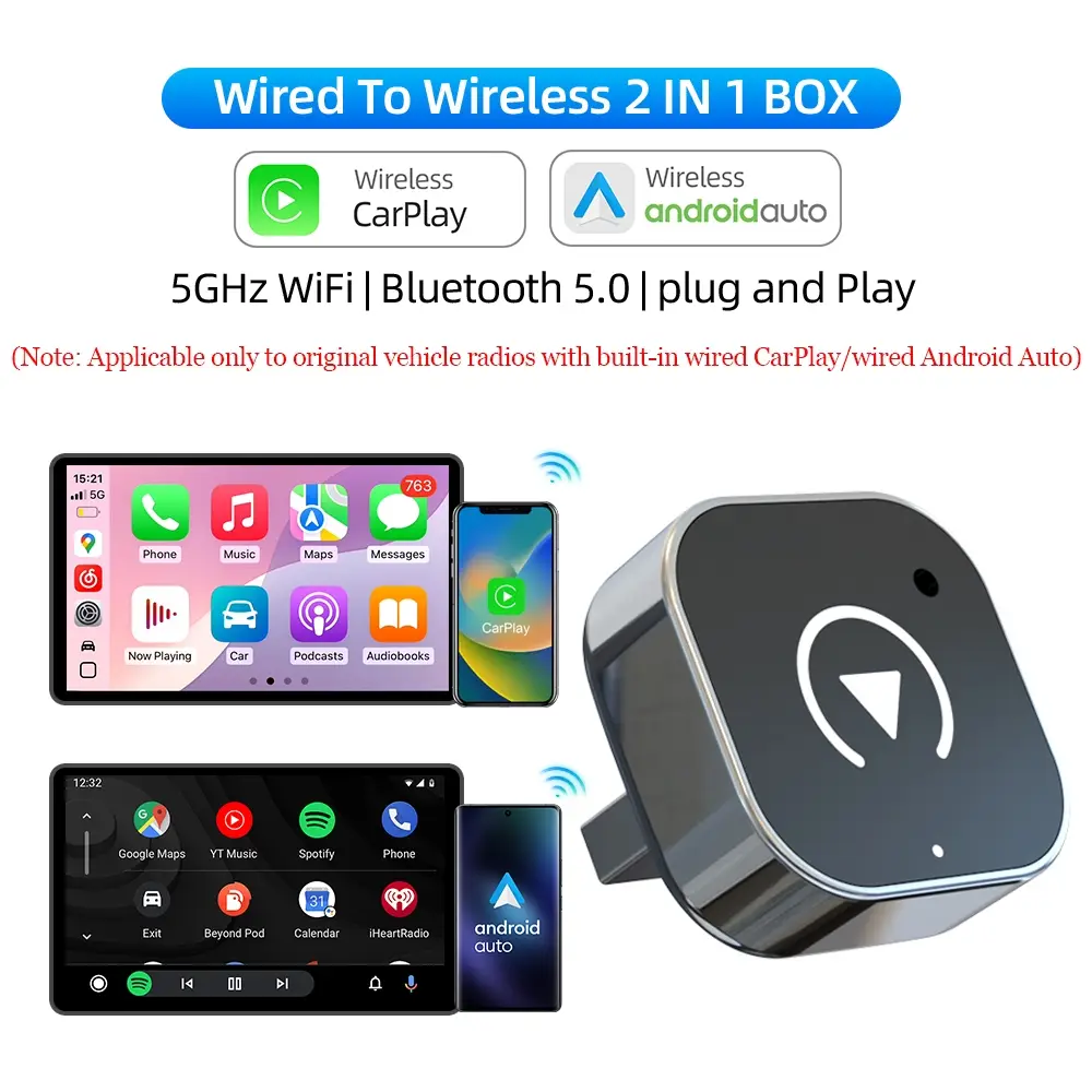 Wireless Car Adapter, Portable Wireless Adapter, Car Smart BT Connector for iPhone & Android Phone, Car Electronics Accessories
