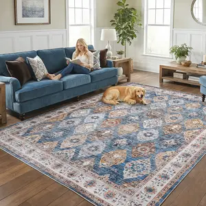 HOOBRO 8 x 10 ft Area Rugs for Living Room, Washable Non-Slip Stain Resistant Rug, Large Carpets, Pet Friendly Low Pile Soft Rug, for Bedroom Kitchen Dining Room Home Office, Light Blue