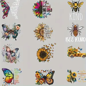 Sunflower & Butterfly & Bee Pattern Iron on Patch, 12pcs/set Heat Transfer Printing Sticker, DIY Flower Decor Craft, Heat Pressed Decals for Clothing T-shirt Hoodies Pillow Bag