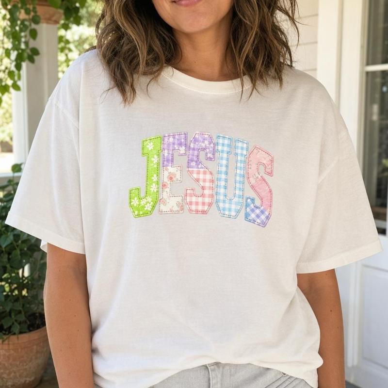 Women's 100% Cotton Loose-Fit Crew Neck Drop Shoulder Jesus Patchwork Graphic T-Shirt - Cottagecore Christian Faith Plus Size Casual Top