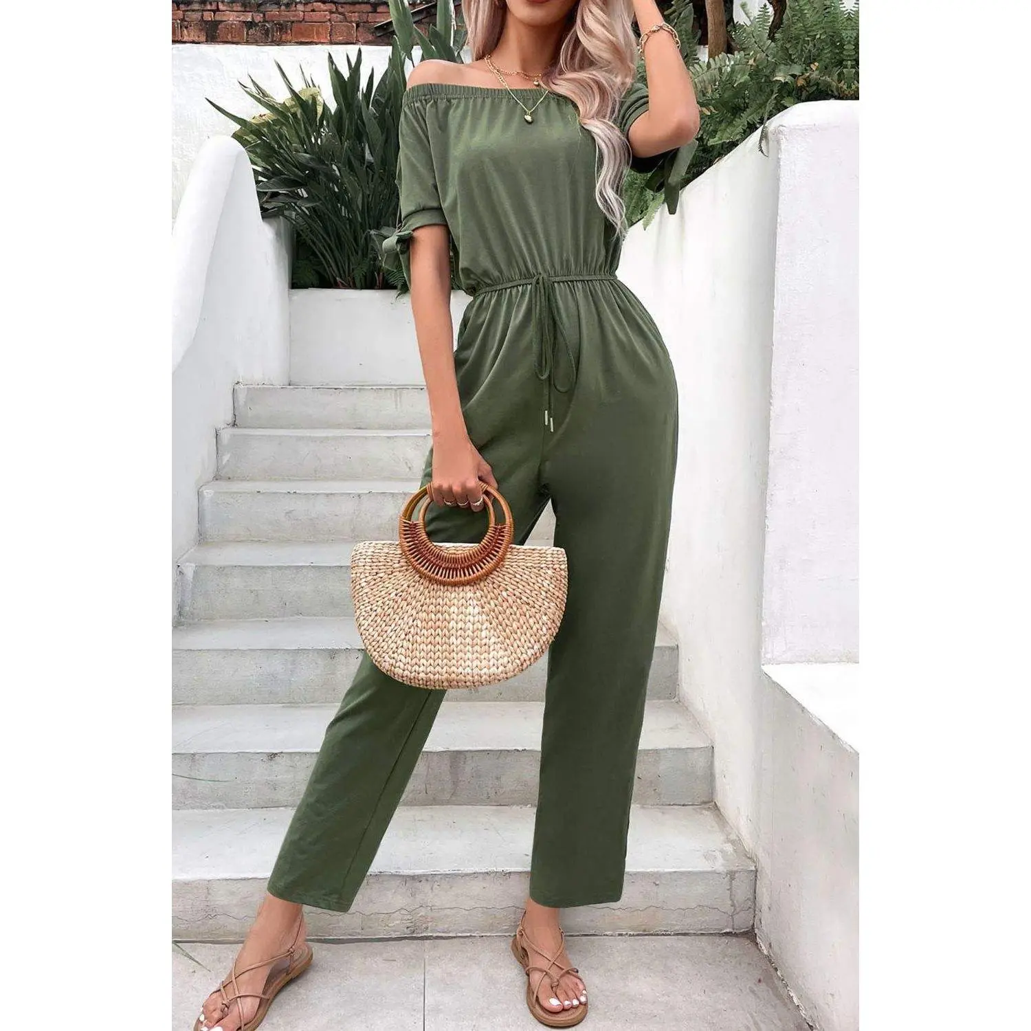 Off-Shoulder Tie Cuff Jumpsuit with Pockets