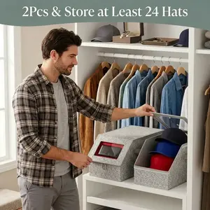 Nexapick 2pcs Modern Stackable Rectangle Hat Storage Boxes with Lid, 15x12x8in Transparent Window Containers, 20 lbs Sturdy Capacity, Dustproof Space-Saving Closet Shelf Organizers (Fits Baseball Caps, Fedoras)