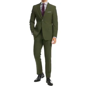 Mens Two Button Modern Fit Wool Feel Suit in Olive Green