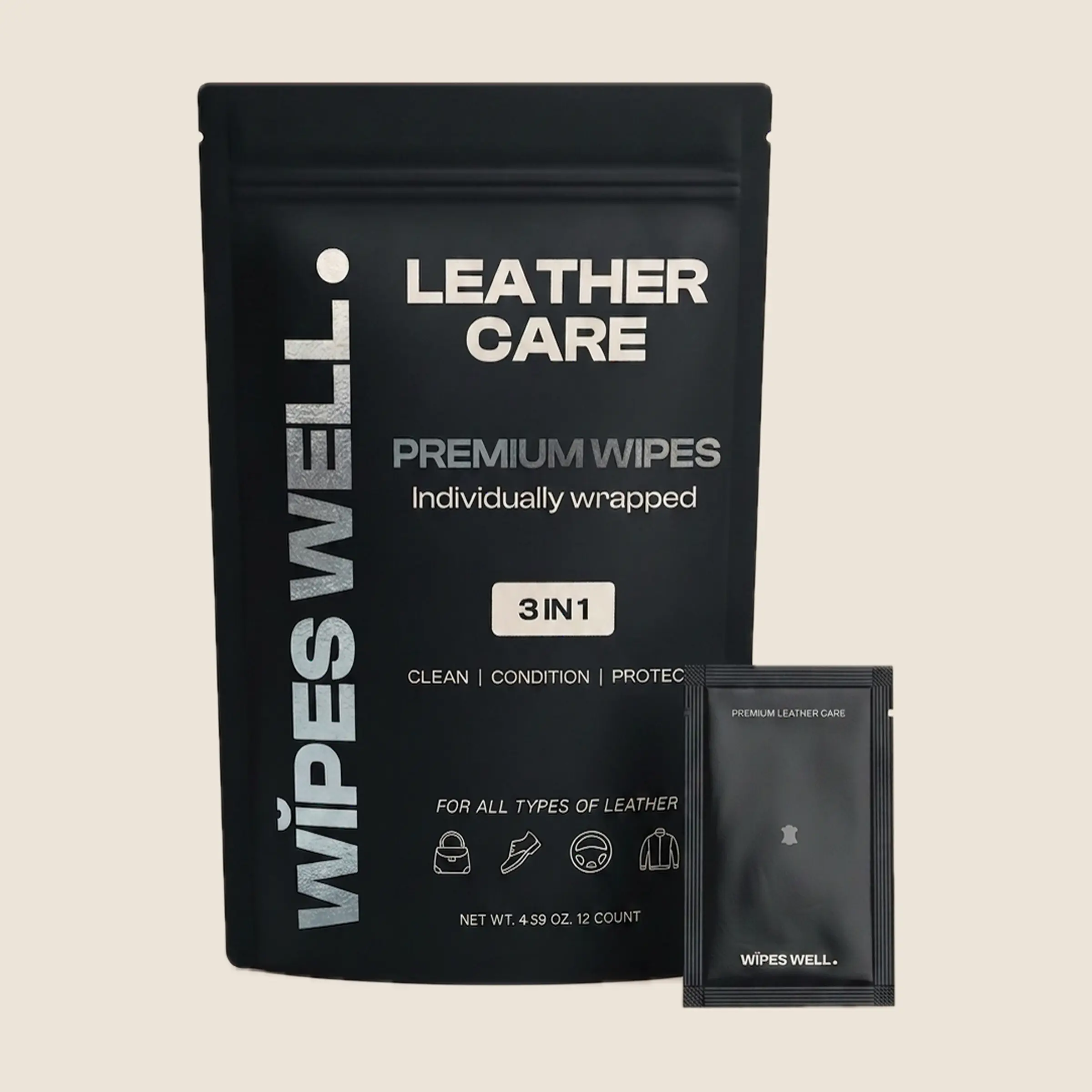 Wipes Well Leather Care Wipes - 12 Individually Wrapped Cleaning Wipes for Luxury Handbags, Designer Purses, Wallets, Leather Jackets and Boots, Alcohol-Free, No Rinse Needed, Travel Size