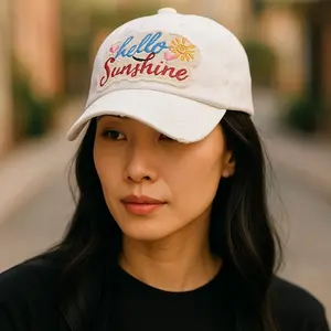 "Hello Sunshine" Vintage Distressed Embroidered Baseball Cap 100% Cotton, Breathable, Casual, Adjustable, UV Protection