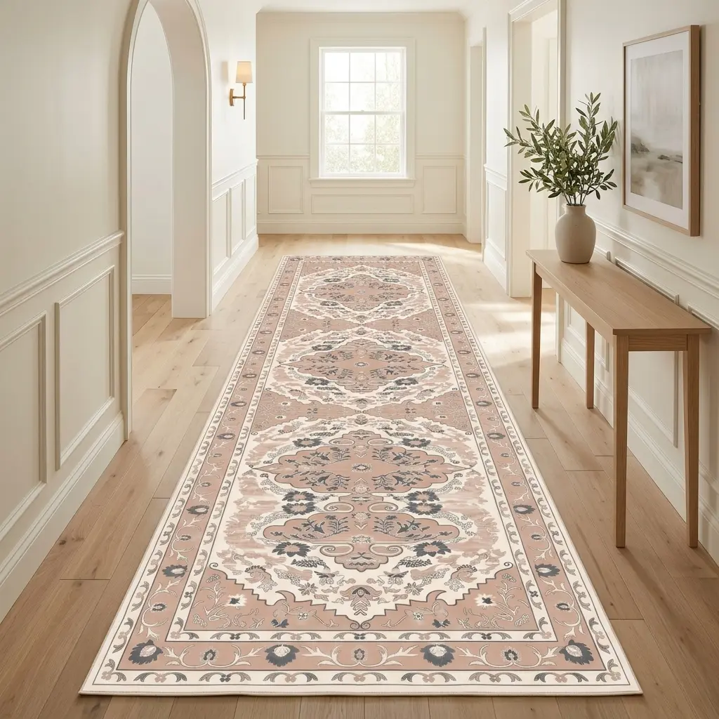 RUGIXE Machine Washable Pink Beige Boho Floral Kitchen Rug 3x7 3x10 ft, Vintage Soft Velvet Low Pile Kitchen Mat with TPR Non Slip Backing for Sink, Laundry Room, Entryway