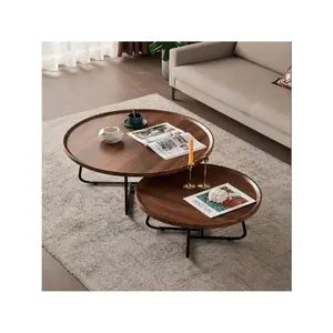 Nesting Coffee Table Set Of 2, 20" +28" Round Walnut End Tables With Fluted, Modern Center Table For Living Room Bedroom Office Balcony