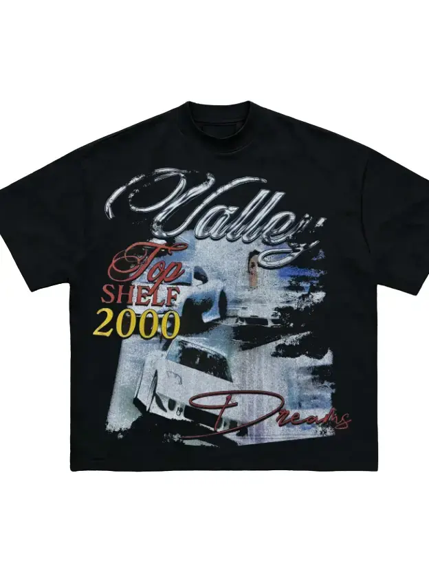 Valley Dreams 2000 Racing Car Metallic Print Oversized Black Men's Y2K Faded Motorsport Short-Sleeve Streetwear Hip Hop Casual T-Shirt White Belt
