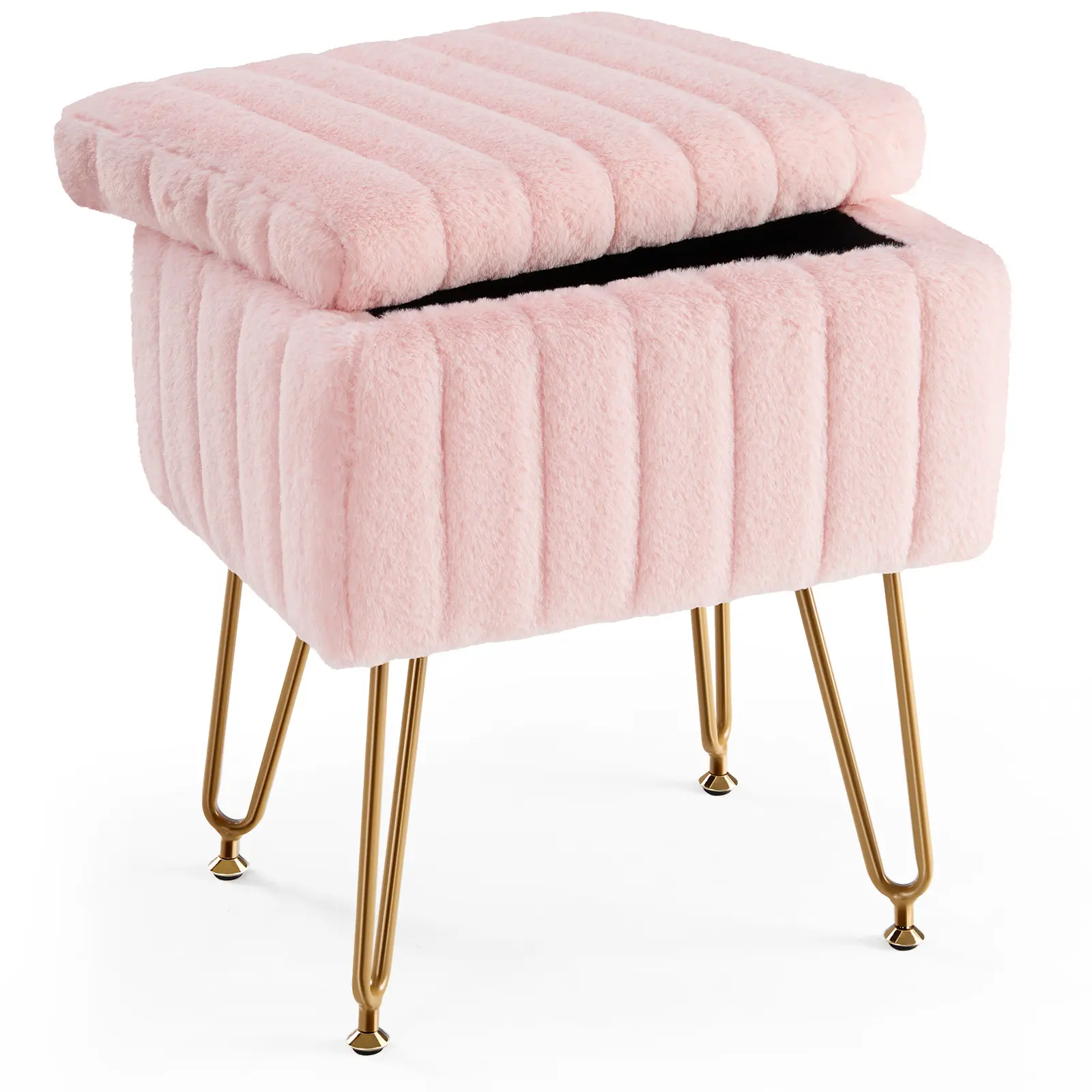 Vanity Stool Chair with Storage, Ottoman Faux Fur Soft Padded Makeup Footstools Seat with 4 Metal Legs Anti-Slip Adjustable Feet Modern Cute Small Footrest for Home Entryway Bedroom