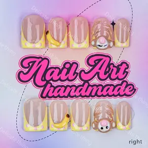 Delicatething Y2K Style Nail Set, Nail Art, Handmade Square Duckbill Nails, 4 Sizes XS S M L, Banana Monkey French Design, Perfect Gift
