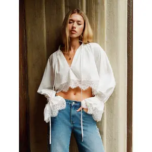 Cider Cotton-blend V-neck Lace Panel Ruffle sleeve Oversized Crop Blouse